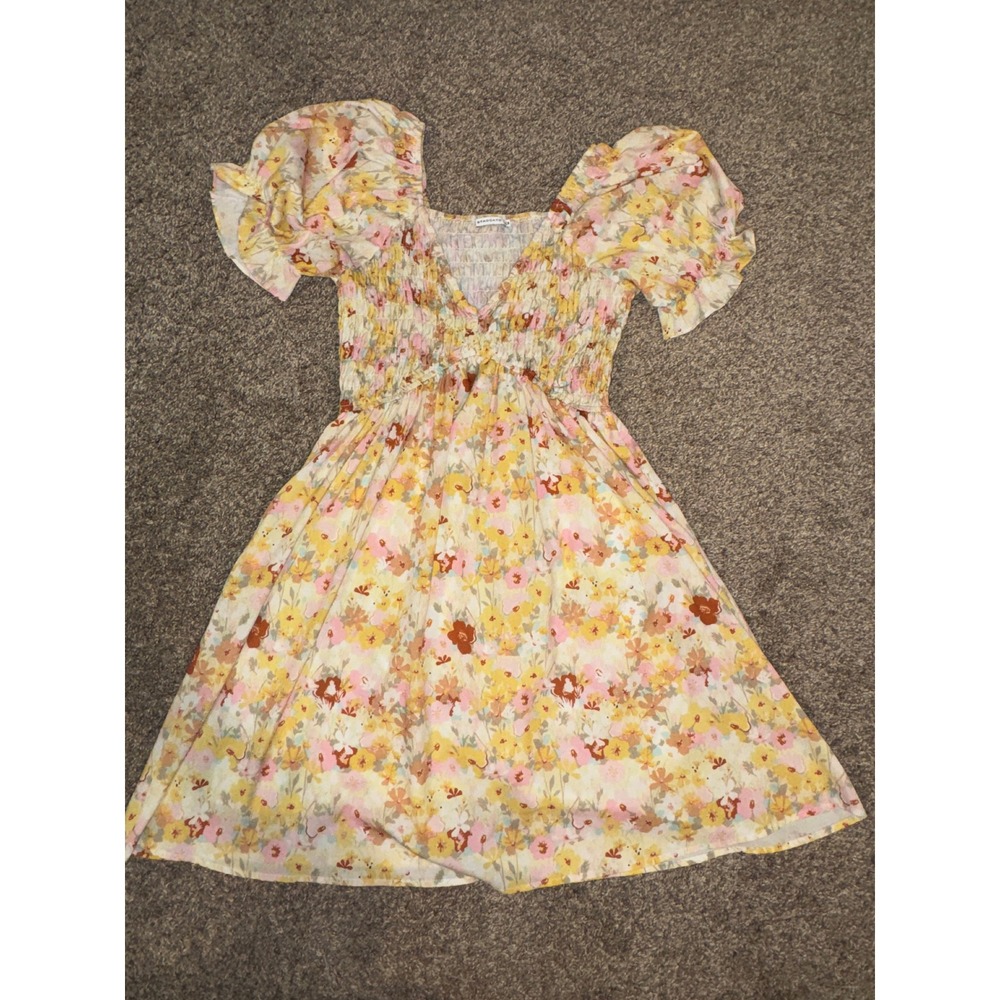 Staccato Floral Smocked Mini Dress Yellow Pink Puff Sleeve Sweetheart Neck Med